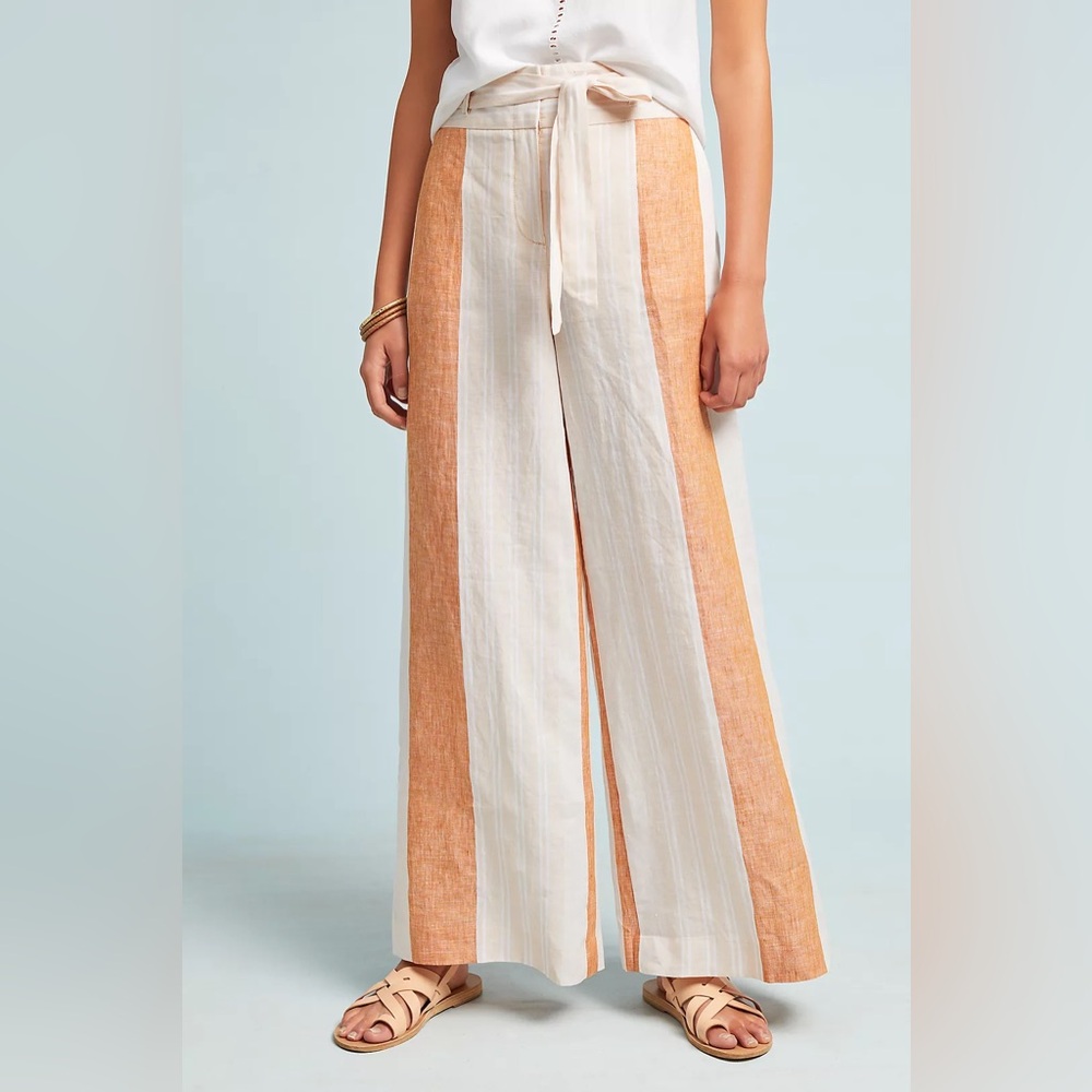 Anthropologie Cream and Tan Wide-Leg Linen Pants
